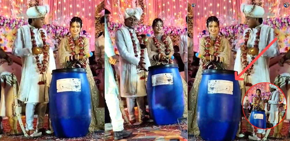 The bride and groom received a blue drum as a gift at their wedding: The bride and groom were terrified, and the incident went viral on social media.