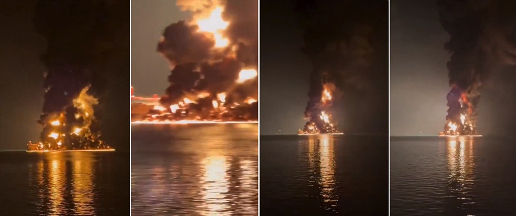 This is the American vessel "Safeship Vishnu." It was blown up by an IRGC underwater drone at a location called Umm Qasr in Iraq. At the time of the incident, there were 15 Indians on board; one of them lost their life.