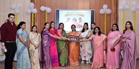 An emotional farewell ceremony at Navyug Kanya Mahavidyalaya; three senior learned teachers were given a dignified farewell.